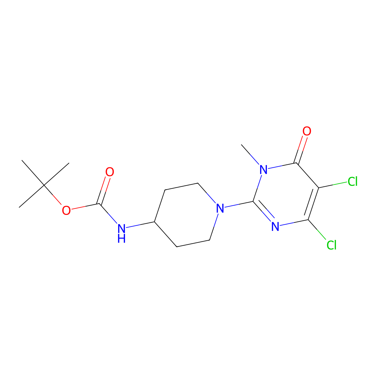 Tert-butyl (1-(4,5-dichloro-1-methyl-6-oxo-1,6-dihydropyrimidin-2-yl)piperidin-4-yl)carbamate molecular structure, CAS 1821308-46-6