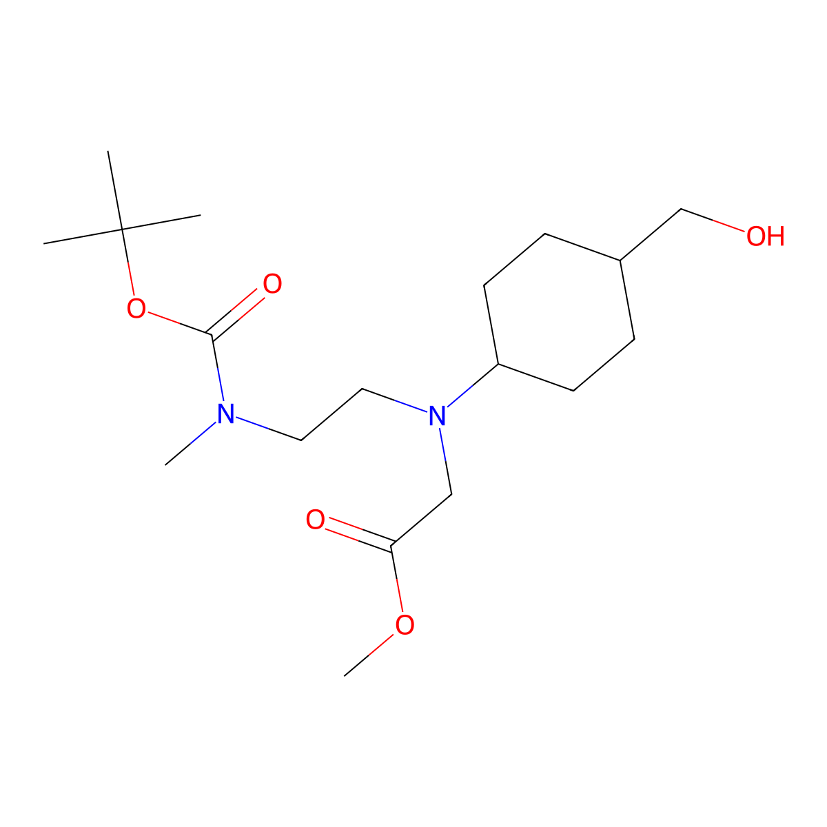 Methyl 2-((2-((tert-butoxycarbonyl)(methyl)amino)ethyl)((1r,4r)-4-(hydroxymethyl)cyclohexyl)amino)acetate molecular structure, CAS 1821463-79-9
