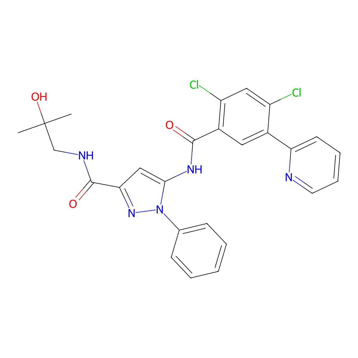 5-(2,4-dichloro-5-(pyridin-2-yl)benzamido)-N-(2-hydroxy-2-methylpropyl)-1-phenyl-1H-pyrazole-3-carboxamide molecular structure, CAS 1821484-84-7