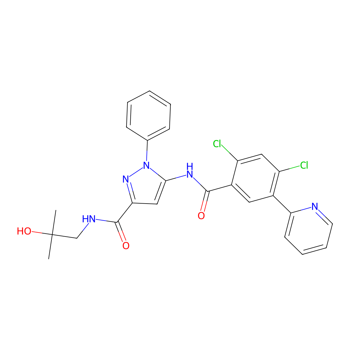 5-(2,4-dichloro-5-(pyridin-2-yl)benzamido)-N-(2-hydroxy-2-methylpropyl)-1-phenyl-1H-pyrazole-3-carboxamide molecular structure, CAS 1821484-84-7