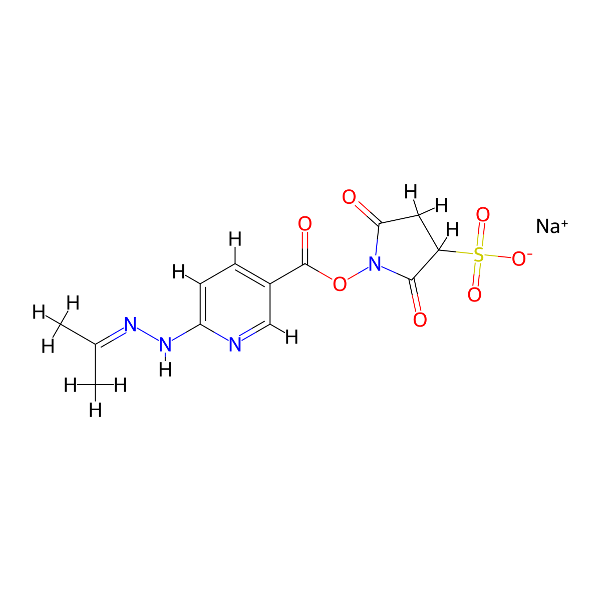 Sodium 2,5-dioxo-1-[6-(2-propan-2-ylidenehydrazinyl)pyridine-3-carbonyl]oxypyrrolidine-3-sulfonate molecular structure, CAS 1821681-45-1