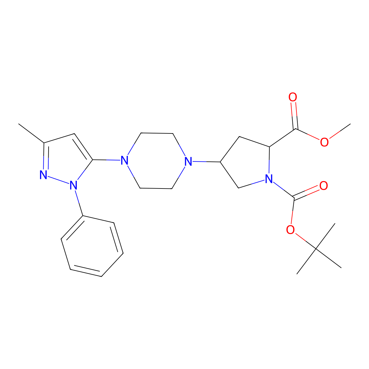 1-(tert-Butyl) 2-methyl (2S,4S)-4-(4-(3-methyl-1-phenyl-1H-pyrazol-5-yl)piperazin-1-yl)pyrrolidine-1,2-dicarboxylate molecular structure, CAS 1821705-02-5