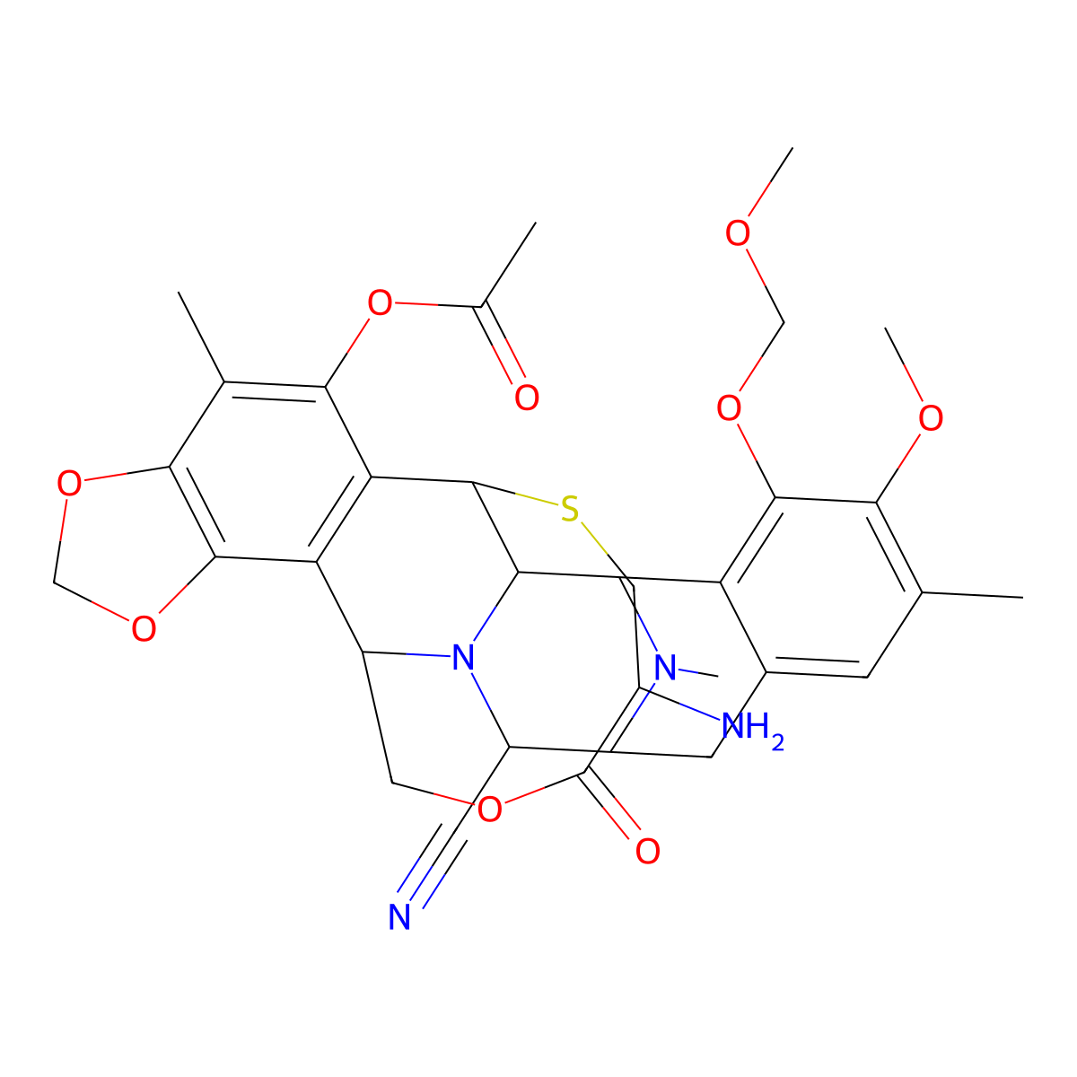 (6R,6AR,7R,13S,14R,16R,20R)-5-(Acetyloxy)-20-amino-6,6A,7,13,14,16-hexahydro-9-methoxy-8-(methoxymethoxy)-4,10,23-trimethyl-19-oxo-6,16-(epithiopropanoxymethano)-7,13-imino-12H-1,3-dioxolo[7,8]isoquino[3,2-B][3]benzazocine-14-carbonitrile molecular structure, CAS 182201-71-4