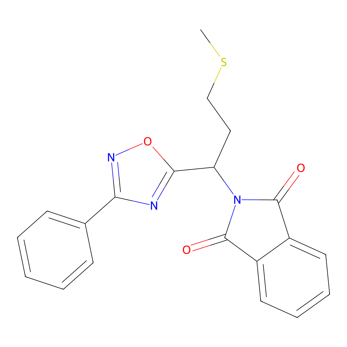 2-(3-(Methylthio)-1-(3-phenyl-1,2,4-oxadiazol-5-yl)propyl)isoindoline-1,3-dione molecular structure, CAS 182231-51-2