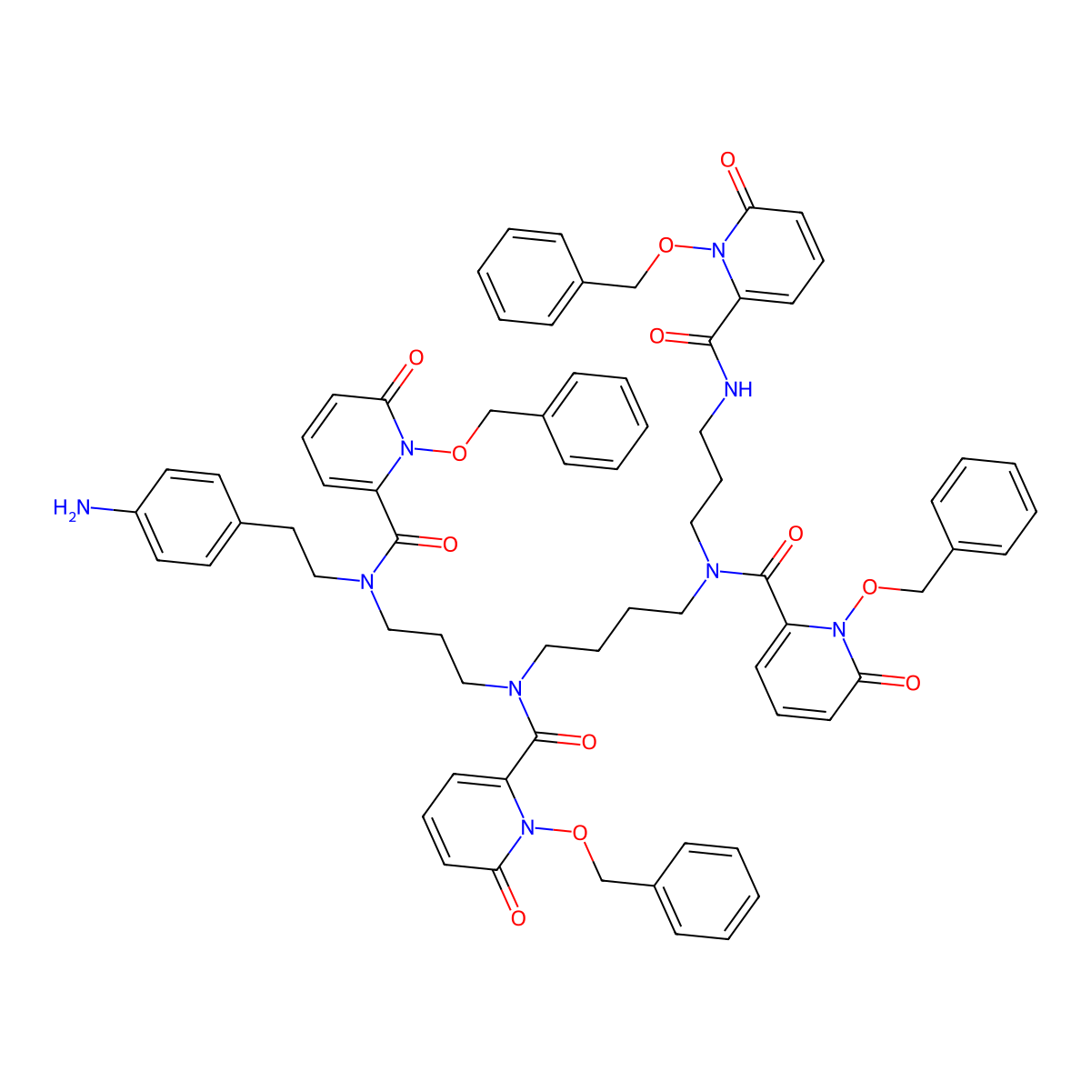 N-[3-[4-[3-[2-(4-aminophenyl)ethyl-(6-oxo-1-phenylmethoxypyridine-2-carbonyl)amino]propyl-(6-oxo-1-phenylmethoxypyridine-2-carbonyl)amino]butyl-(6-oxo-1-phenylmethoxypyridine-2-carbonyl)amino]propyl]-6-oxo-1-phenylmethoxypyridine-2-carboxamide molecular structure, CAS 1822331-48-5