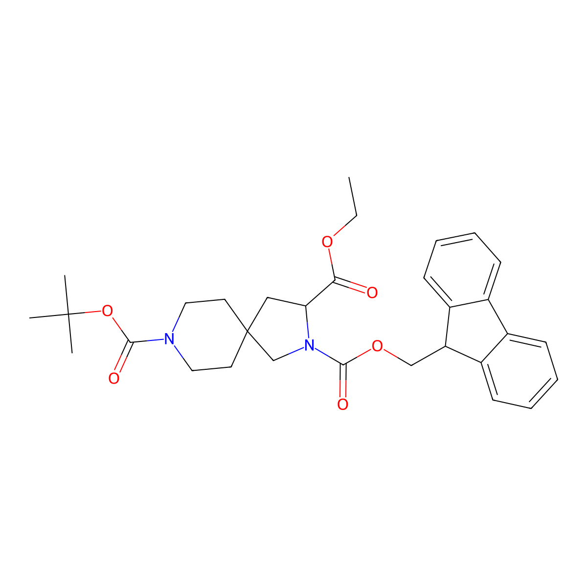 8-tert-butyl 3-ethyl 2-(9H-fluoren-9-yl)methyl 2,8-diazaspiro[4.5]decane-2,3,8-tricarboxylate molecular structure, CAS 1822454-16-9
