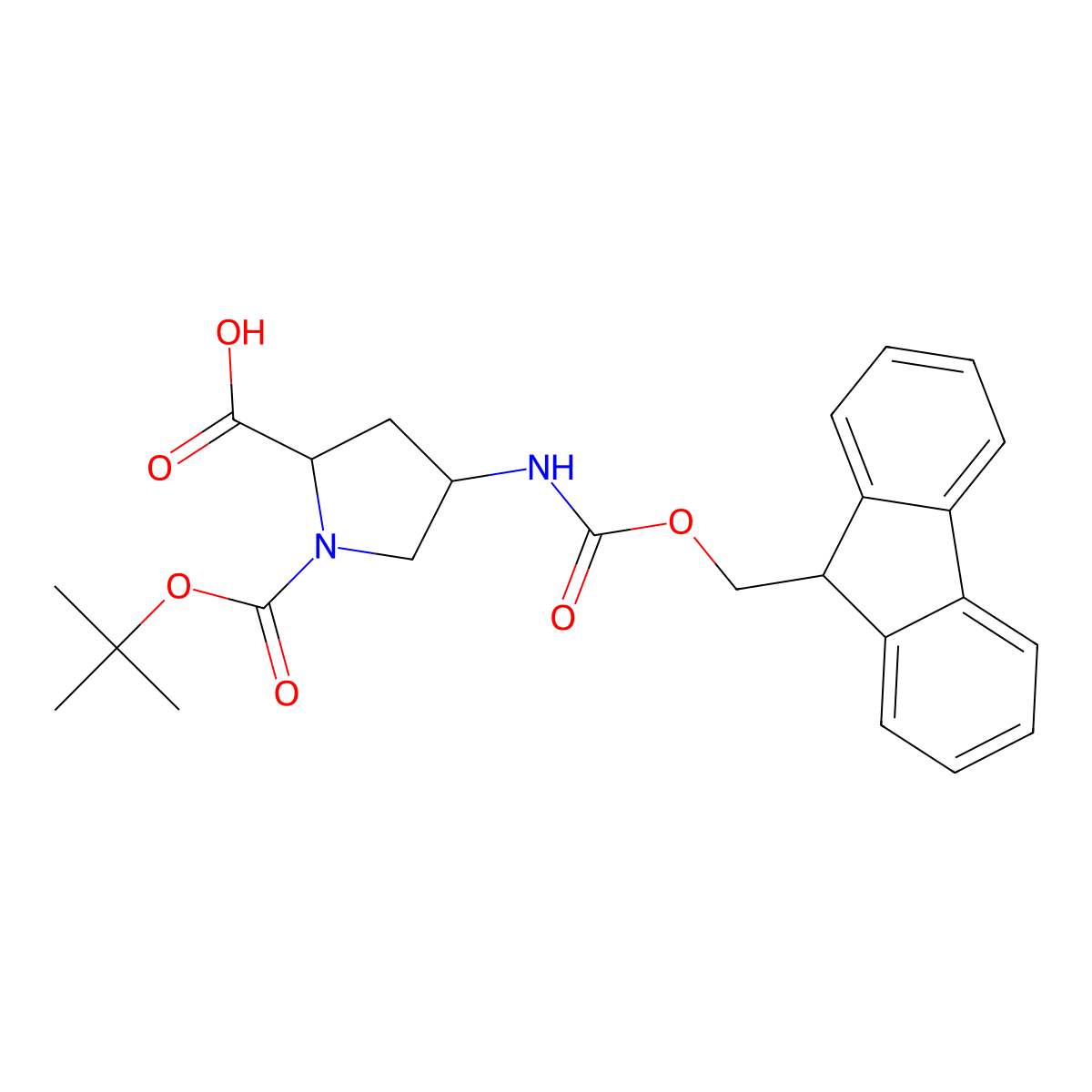 4-((((9H-Fluoren-9-yl)methoxy)carbonyl)amino)-1-(tert-butoxycarbonyl)pyrrolidine-2-carboxylic acid molecular structure, CAS 1822474-36-1