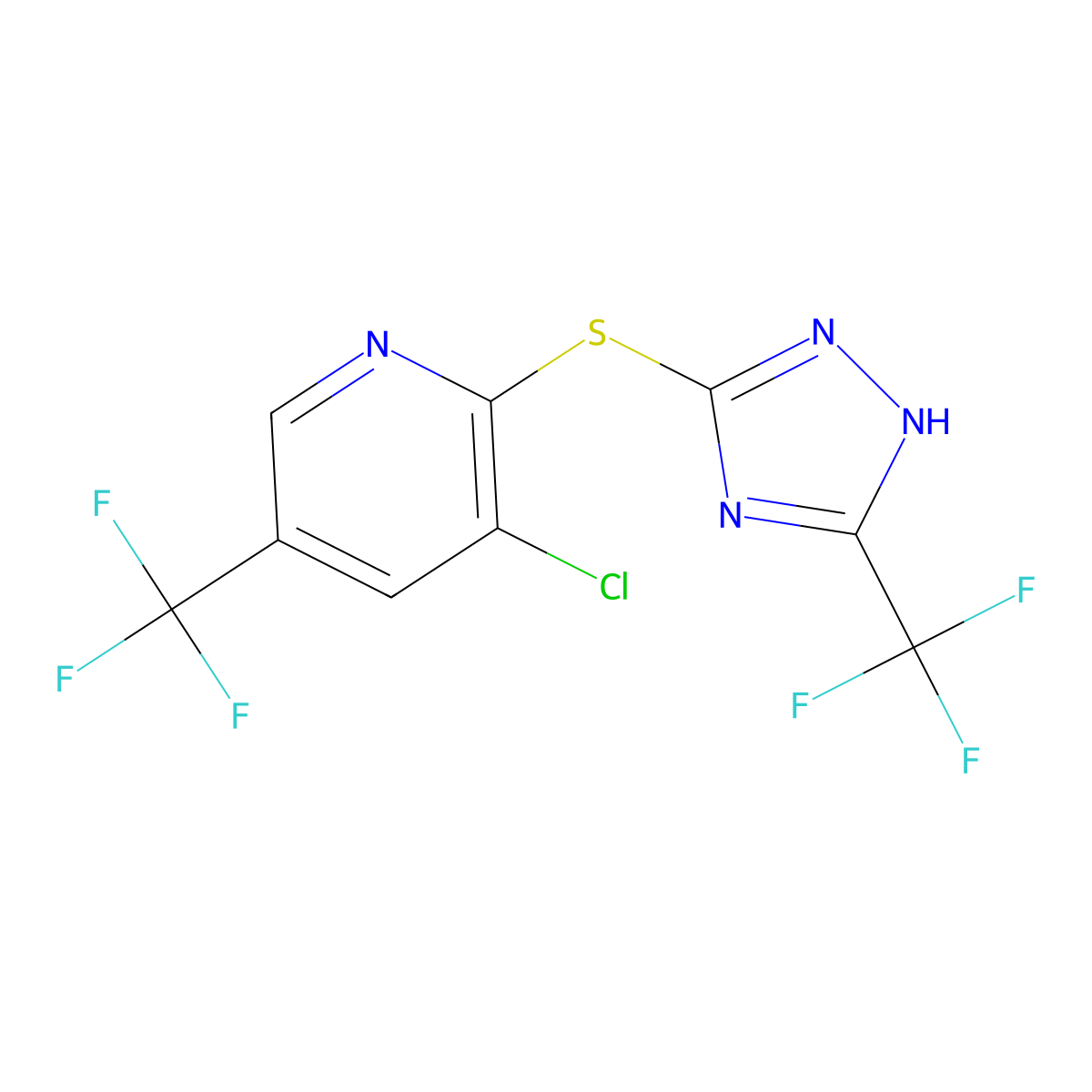 3-chloro-5-(trifluoromethyl)-2-((3-(trifluoromethyl)-1H-1,2,4-triazol-5-yl)thio)pyridine molecular structure, CAS 1823182-70-2