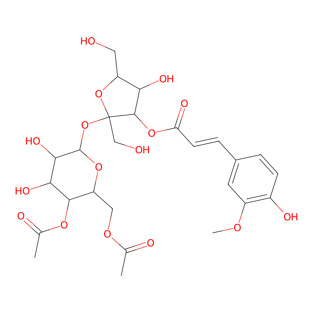 (2S,3S,4R,5R)-2-(((2R,3R,4R,5S,6R)-5-Acetoxy-6-(acetoxymethyl)-3,4-dihydroxytetrahydro-2H-pyran-2-yl)oxy)-4-hydroxy-2,5-bis(hydroxymethyl)tetrahydrofuran-3-yl (E)-3-(4-hydroxy-3-methoxyphenyl)acrylate molecular structure, CAS 1823192-28-4