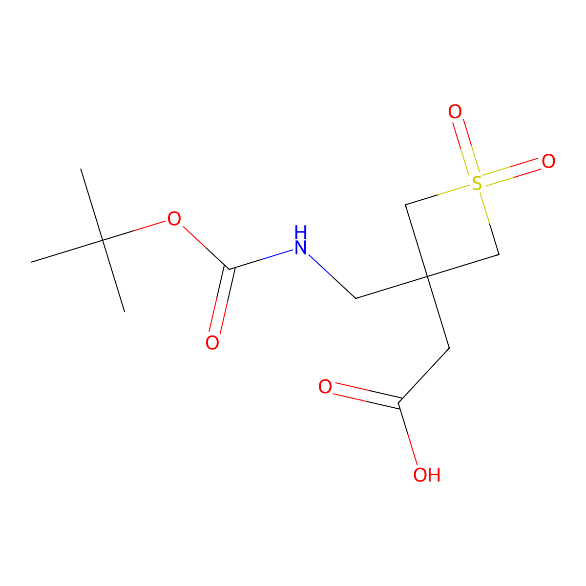 2-(3-(((tert-Butoxycarbonyl)amino)methyl)-1,1-dioxidothietan-3-yl)acetic acid molecular structure, CAS 1823264-57-8