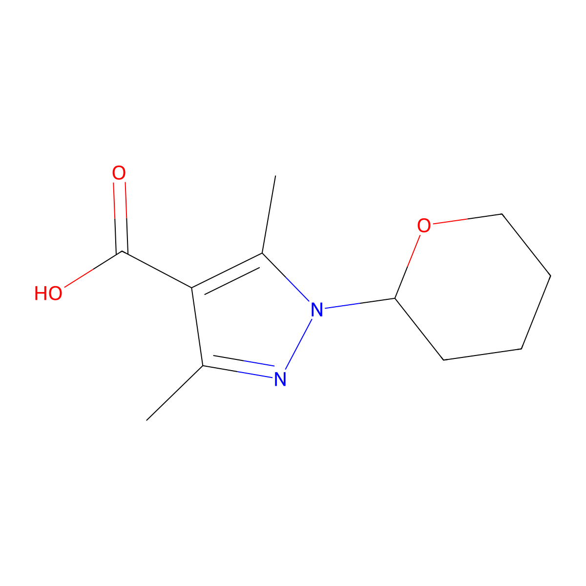 3,5-dimethyl-1-(oxan-2-yl)-1H-pyrazole-4-carboxylic acid molecular structure, CAS 1823269-38-0