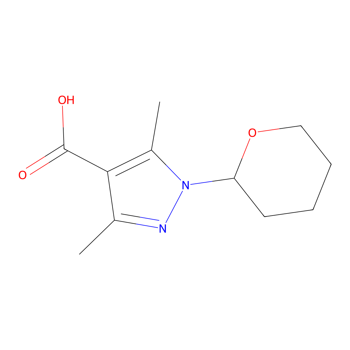 3,5-dimethyl-1-(oxan-2-yl)-1H-pyrazole-4-carboxylic acid molecular structure, CAS 1823269-38-0