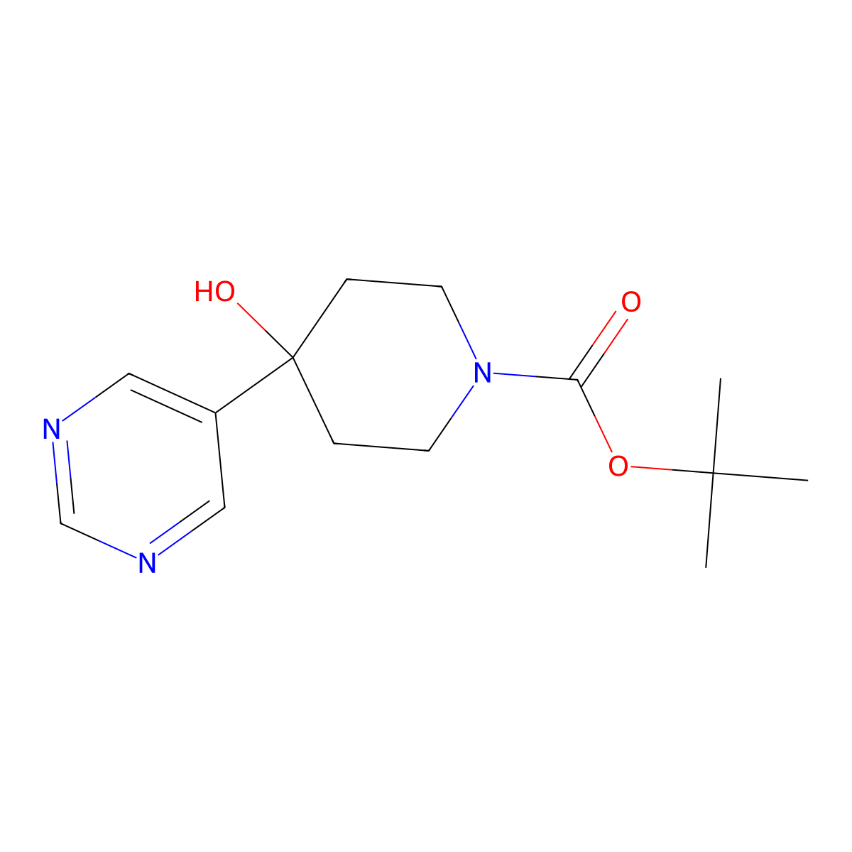 Tert-butyl 4-hydroxy-4-(pyrimidin-5-yl)piperidine-1-carboxylate molecular structure, CAS 1823269-62-0