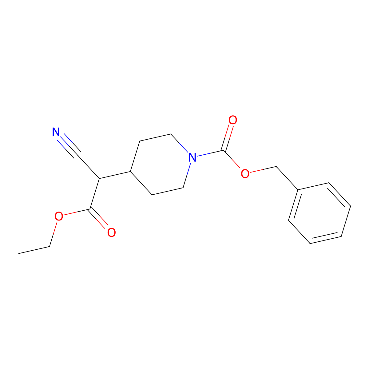 Benzyl 4-(1-cyano-2-ethoxy-2-oxoethyl)piperidine-1-carboxylate molecular structure, CAS 1823395-29-4
