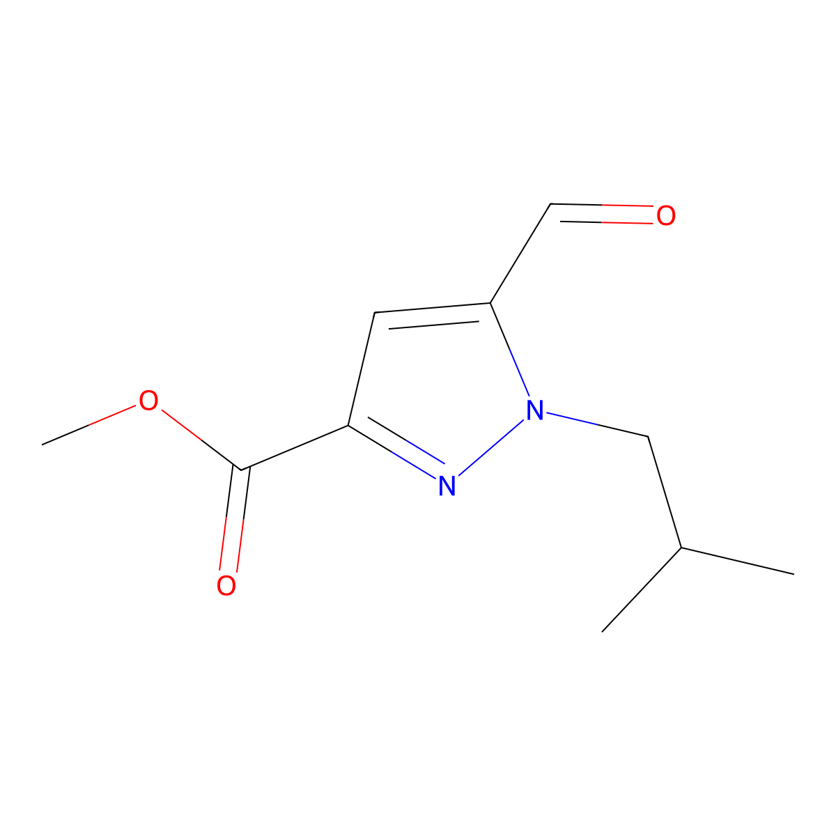 methyl 5-formyl-1-(2-methylpropyl)-1H-pyrazole-3-carboxylate molecular structure, CAS 1823421-99-3