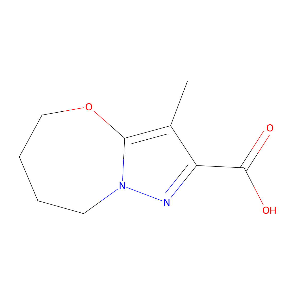 3-methyl-5H,6H,7H,8H-pyrazolo[3,2-b][1,3]oxazepine-2-carboxylic acid molecular structure, CAS 1823437-29-1