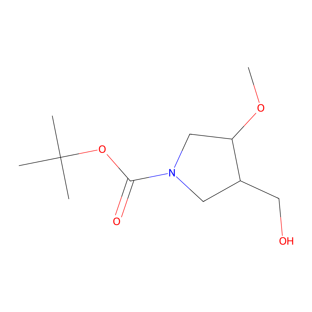 Tert-butyl 3-(hydroxymethyl)-4-methoxypyrrolidine-1-carboxylate molecular structure, CAS 1823438-30-7