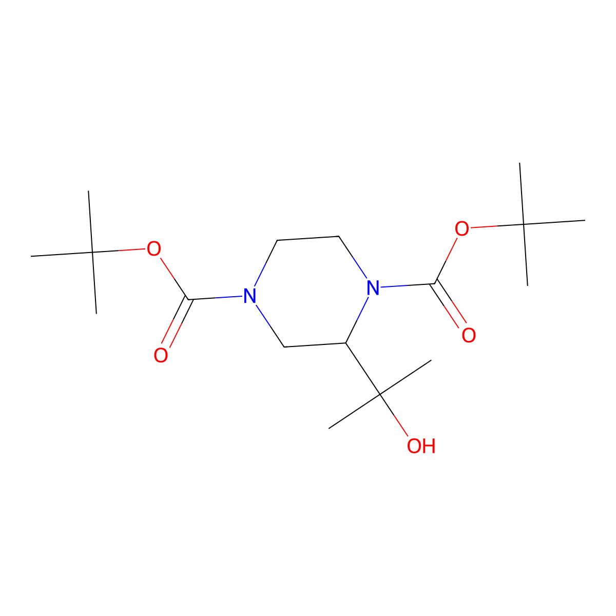 Di-tert-butyl 2-(2-hydroxypropan-2-yl)piperazine-1,4-dicarboxylate molecular structure, CAS 1823438-35-2