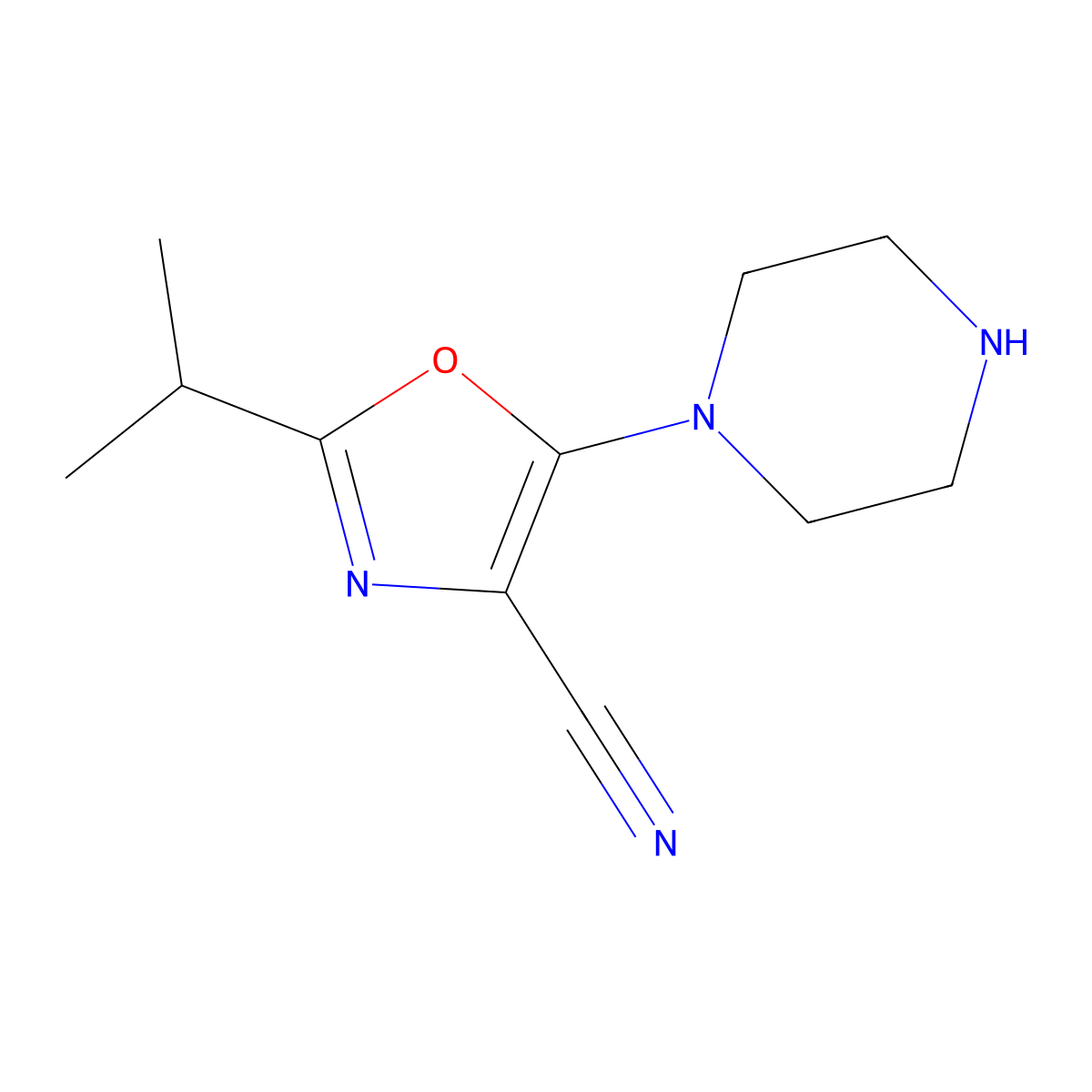 5-(Piperazin-1-yl)-2-(propan-2-yl)-1,3-oxazole-4-carbonitrile molecular structure, CAS 1823440-99-8