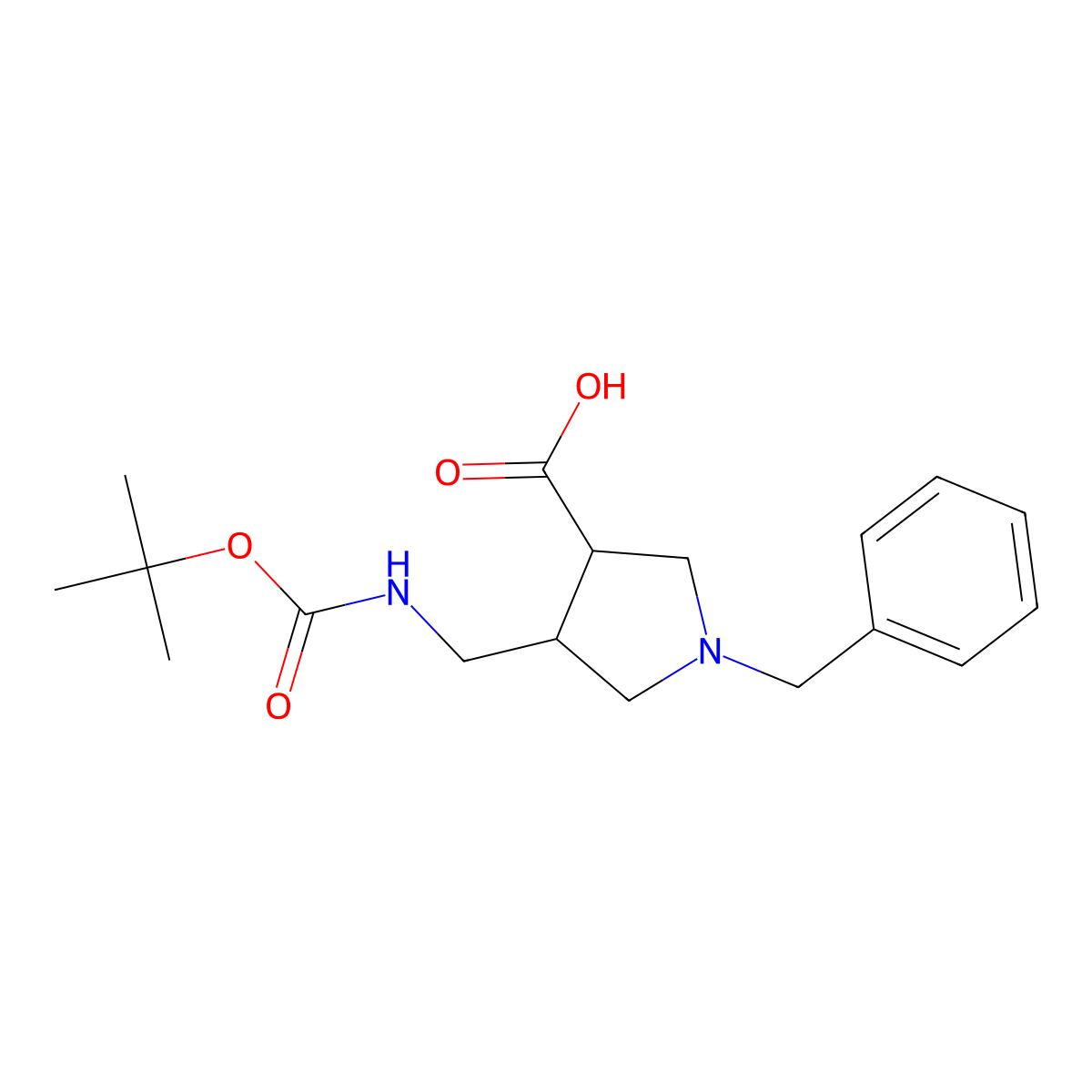 1-Benzyl-4-({[(tert-butoxy)carbonyl]amino}methyl)pyrrolidine-3-carboxylic acid molecular structure, CAS 1823663-38-2