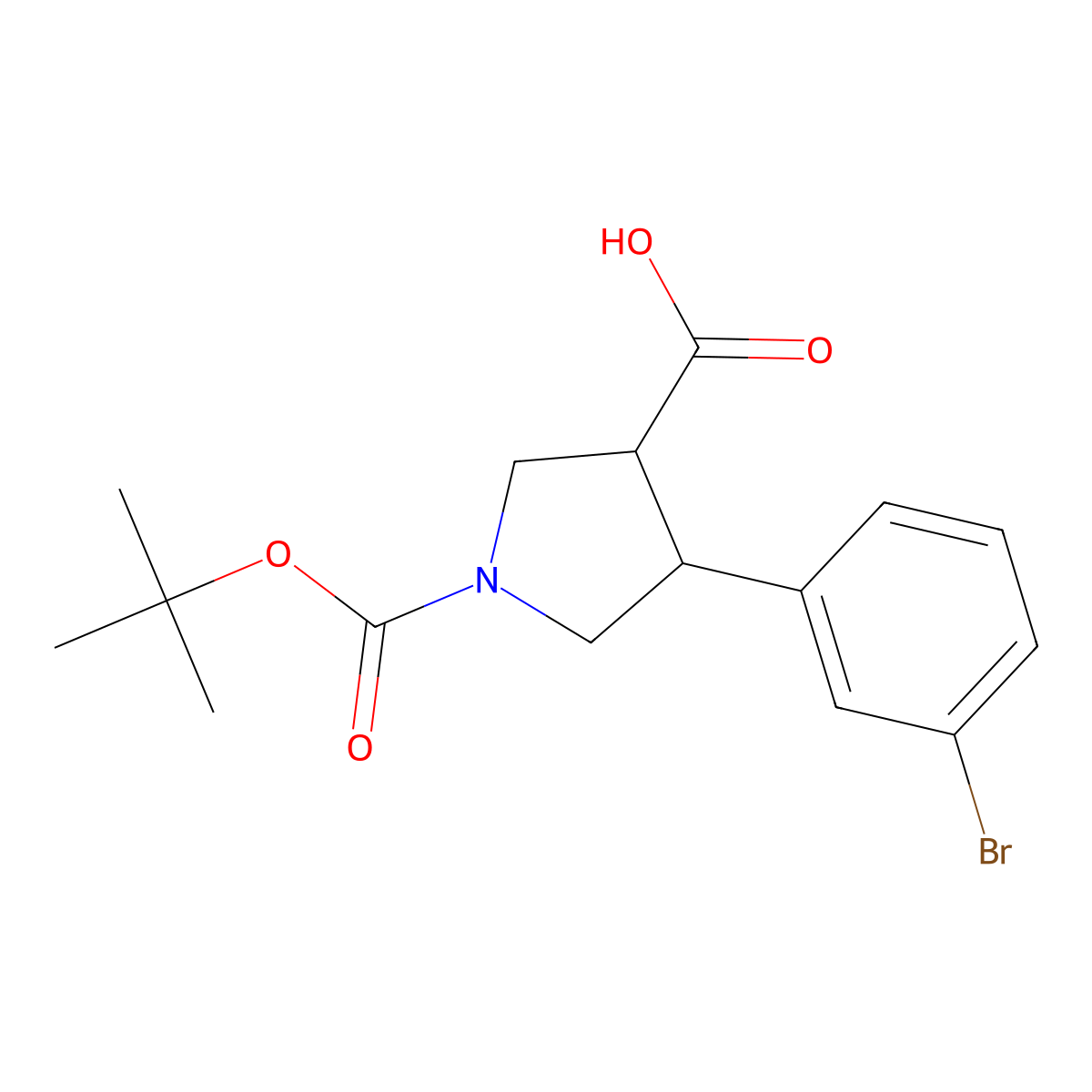 4-(3-Bromophenyl)-1-(tert-butoxycarbonyl)pyrrolidine-3-carboxylic acid molecular structure, CAS 1823669-81-3