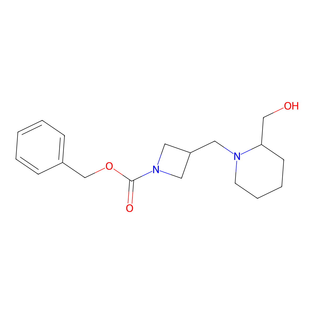 1-Azetidinecarboxylic acid, 3-[[2-(hydroxymethyl)-1-piperidinyl]methyl]-, phenylmethyl ester molecular structure, CAS 1823787-21-8
