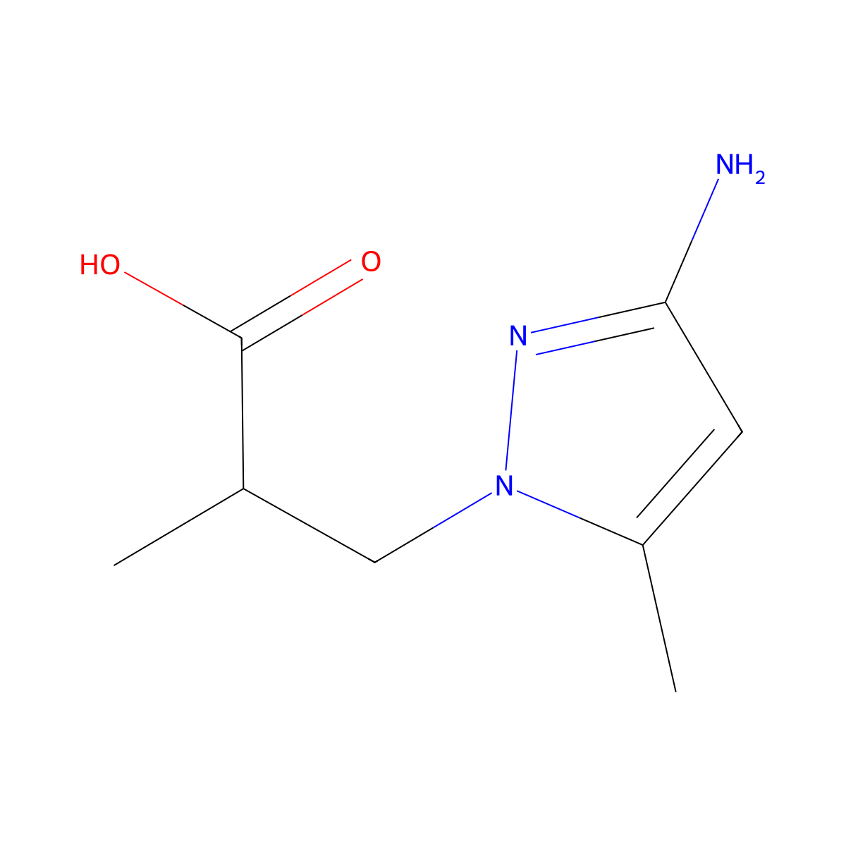 3-(3-amino-5-methyl-1H-pyrazol-1-yl)-2-methylpropanoic acid molecular structure, CAS 1823843-32-8