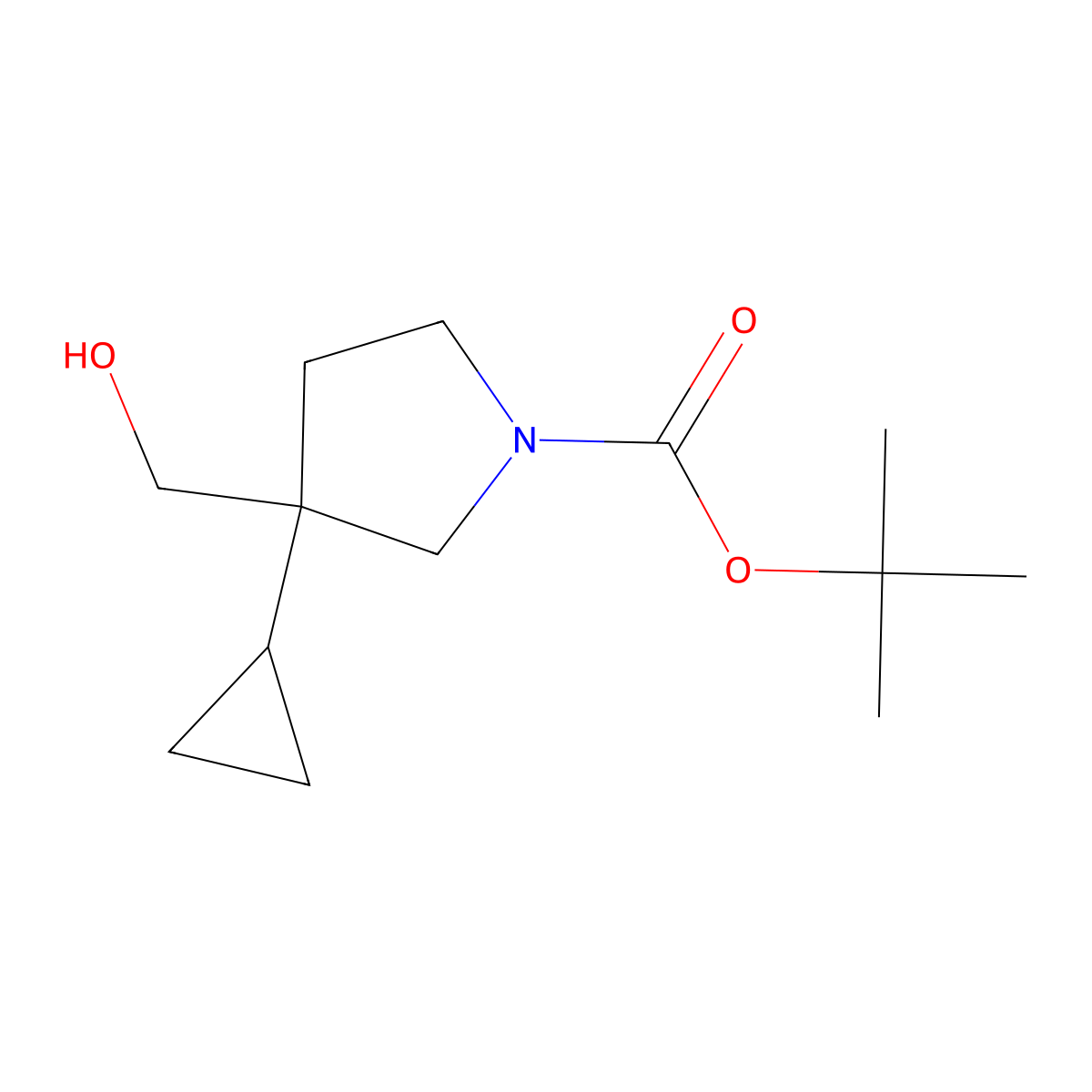 Tert-butyl 3-cyclopropyl-3-(hydroxymethyl)pyrrolidine-1-carboxylate molecular structure, CAS 1823844-59-2