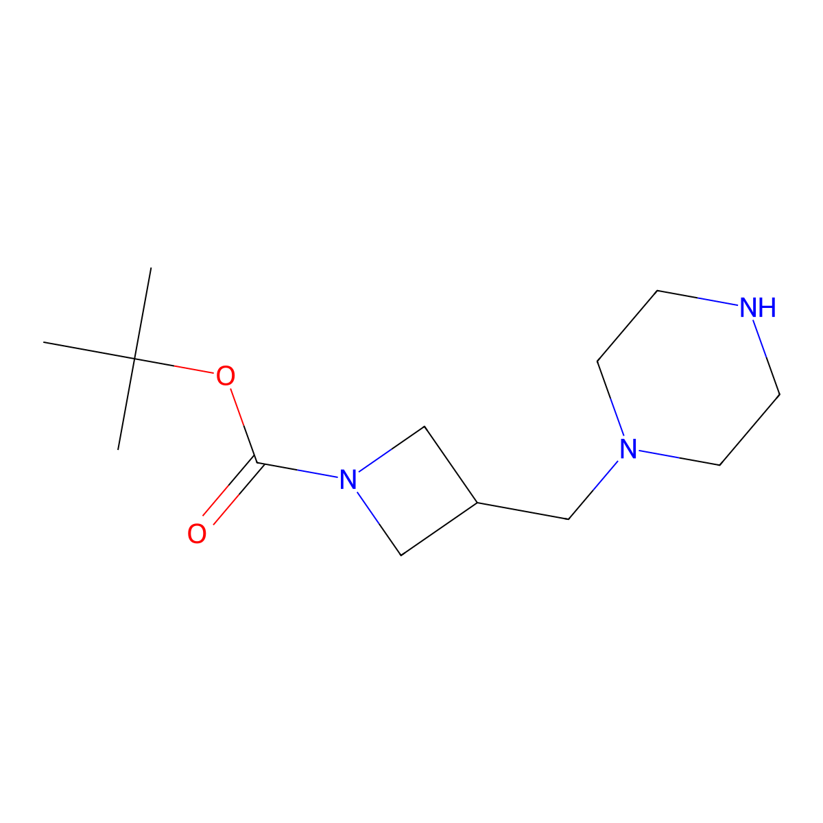 Tert-butyl 3-((piperazin-1-yl)methyl)azetidine-1-carboxylate molecular structure, CAS 1823977-00-9