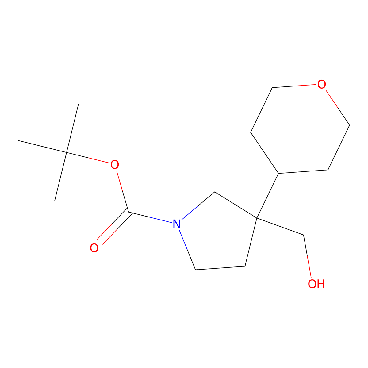 Tert-butyl 3-(hydroxymethyl)-3-(oxan-4-yl)pyrrolidine-1-carboxylate molecular structure, CAS 1823994-30-4