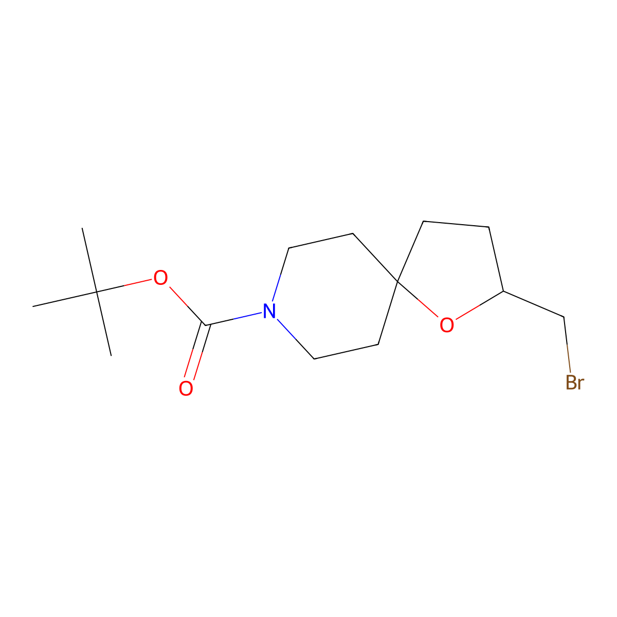 Tert-butyl 2-(bromomethyl)-1-oxa-8-azaspiro[4.5]decane-8-carboxylate molecular structure, CAS 1824076-86-9