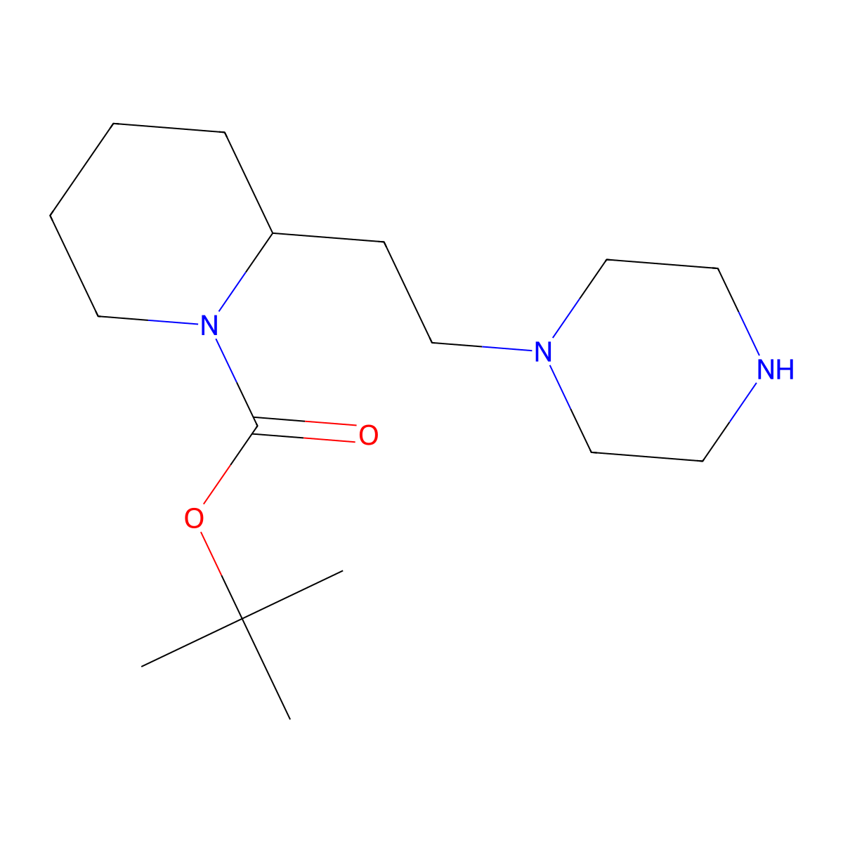Tert-butyl 2-(2-(piperazin-1-yl)ethyl)piperidine-1-carboxylate molecular structure, CAS 1824086-43-2