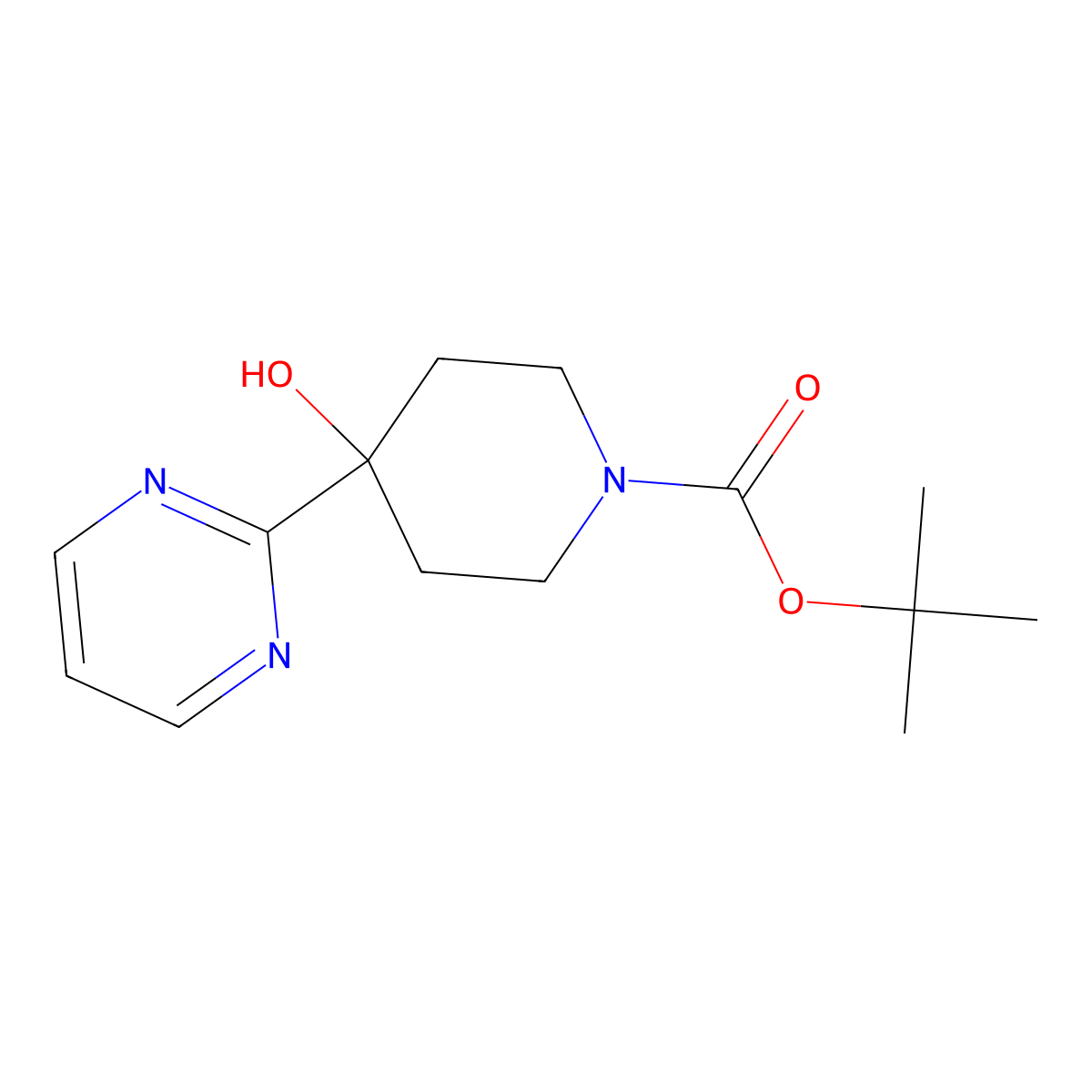 Tert-butyl 4-hydroxy-4-(pyrimidin-2-yl)piperidine-1-carboxylate molecular structure, CAS 182416-02-0