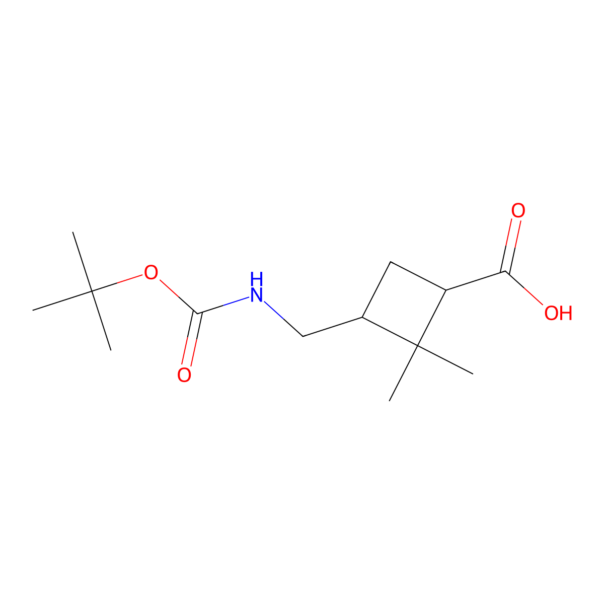 3-(((tert-Butoxycarbonyl)amino)methyl)-2,2-dimethylcyclobutanecarboxylic acid molecular structure, CAS 1824238-33-6