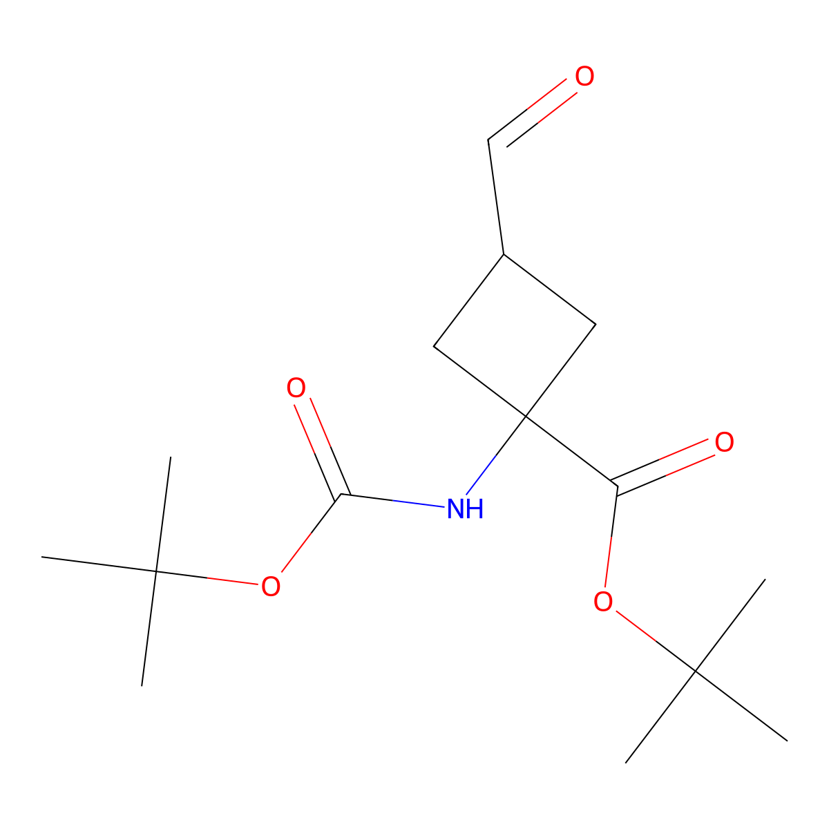 Tert-butyl 1-(((tert-butoxy)carbonyl)amino)-3-formylcyclobutane-1-carboxylate molecular structure, CAS 1824355-96-5