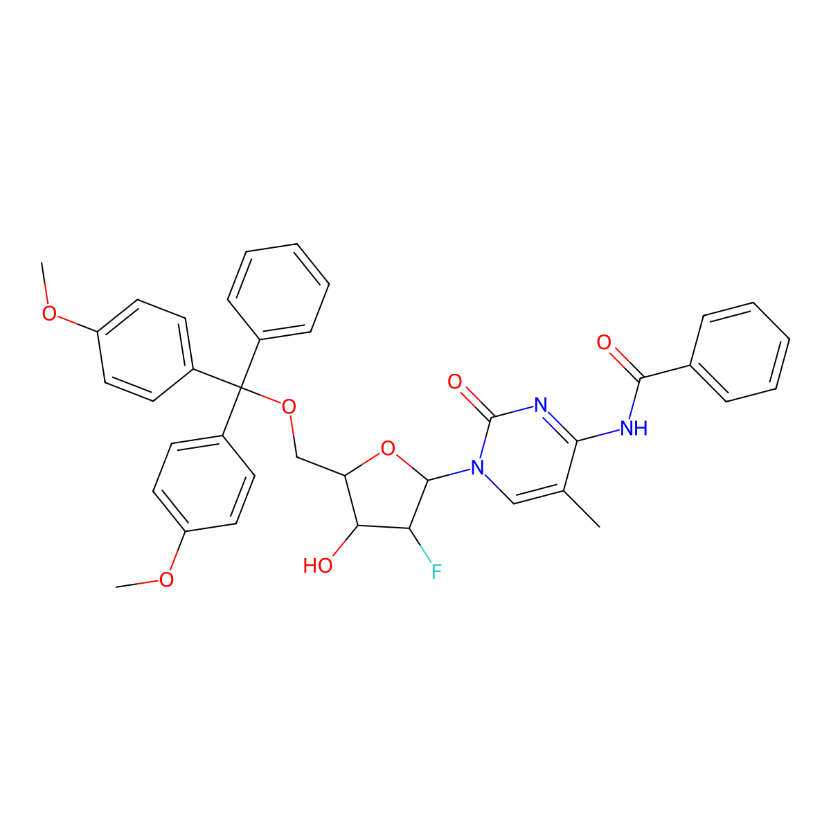 N-(1-((2R,3R,4R,5R)-5-((Bis(4-methoxyphenyl)(phenyl)methoxy)methyl)-3-fluoro-4-hydroxytetrahydrofuran-2-yl)-5-methyl-2-oxo-1,2-dihydropyrimidin-4-yl)benzamide molecular structure, CAS 182495-82-5
