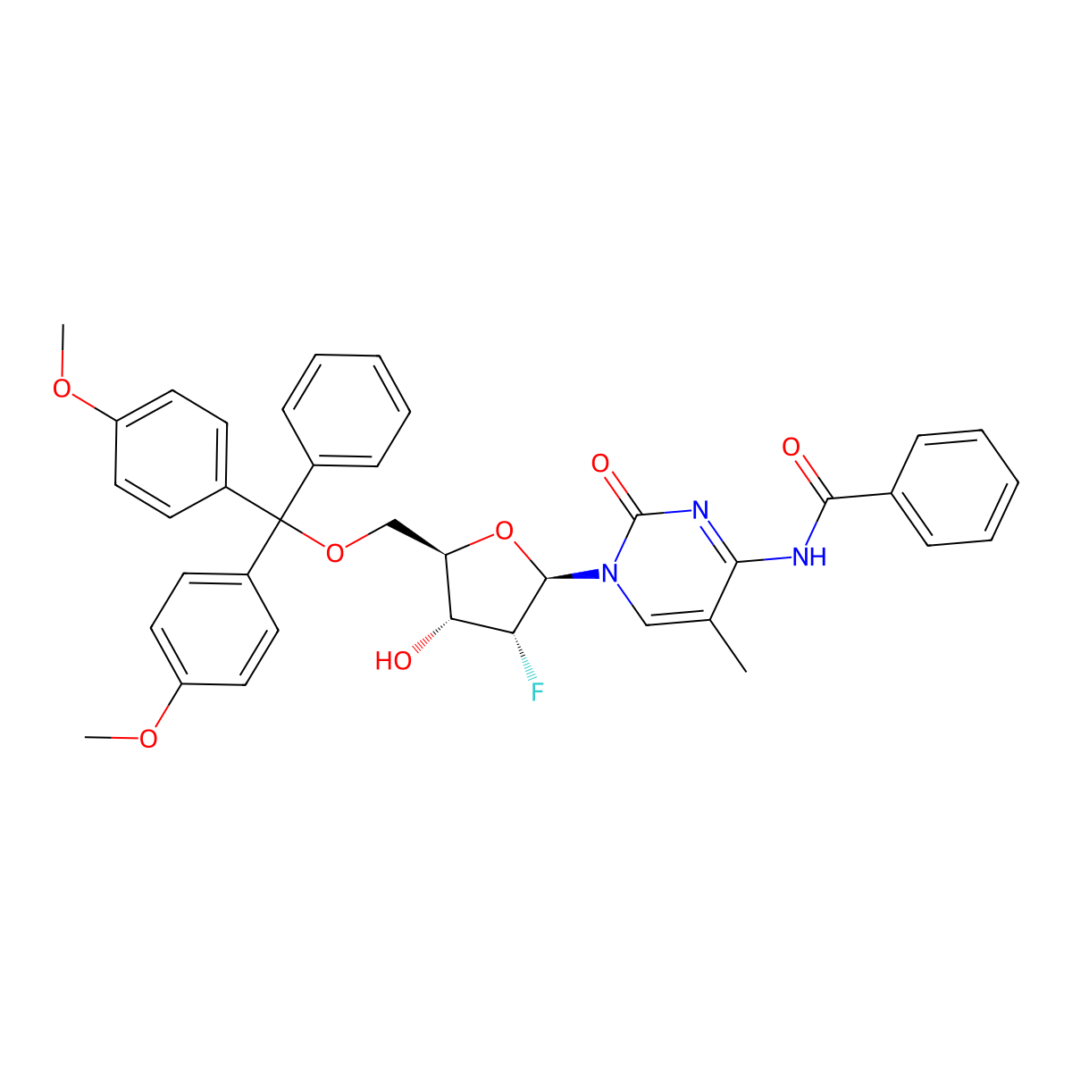 N-(1-((2R,3R,4R,5R)-5-((Bis(4-methoxyphenyl)(phenyl)methoxy)methyl)-3-fluoro-4-hydroxytetrahydrofuran-2-yl)-5-methyl-2-oxo-1,2-dihydropyrimidin-4-yl)benzamide molecular structure, CAS 182495-82-5