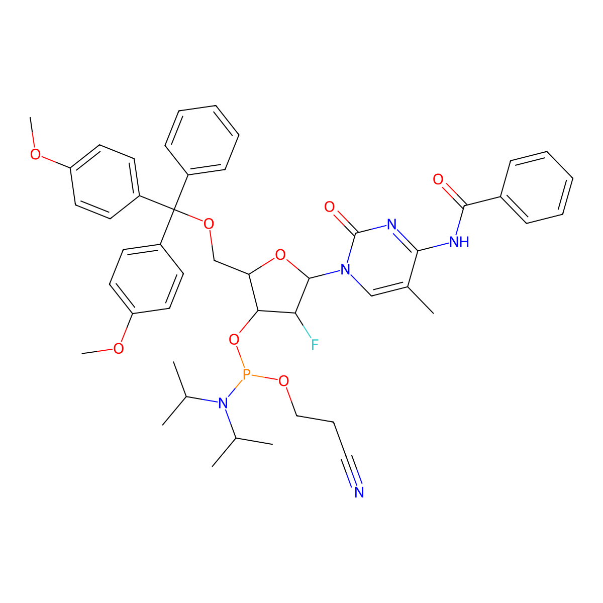 (2R,3R,4R,5R)-5-(4-Benzamido-5-methyl-2-oxopyrimidin-1(2H)-yl)-2-((bis(4-methoxyphenyl)(phenyl)methoxy)methyl)-4-fluorotetrahydrofuran-3-yl (2-cyanoethyl) diisopropylphosphoramidite molecular structure, CAS 182495-83-6