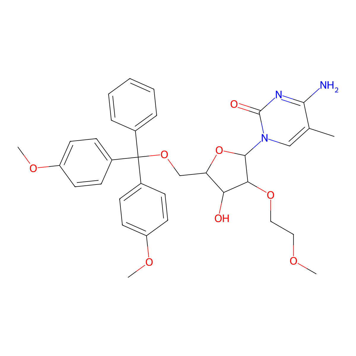 4-Amino-1-((2R,3R,4R,5R)-5-((bis(4-methoxyphenyl)(phenyl)methoxy)methyl)-4-hydroxy-3-(2-methoxyethoxy)tetrahydrofuran-2-yl)-5-methylpyrimidin-2(1H)-one molecular structure, CAS 182496-00-0
