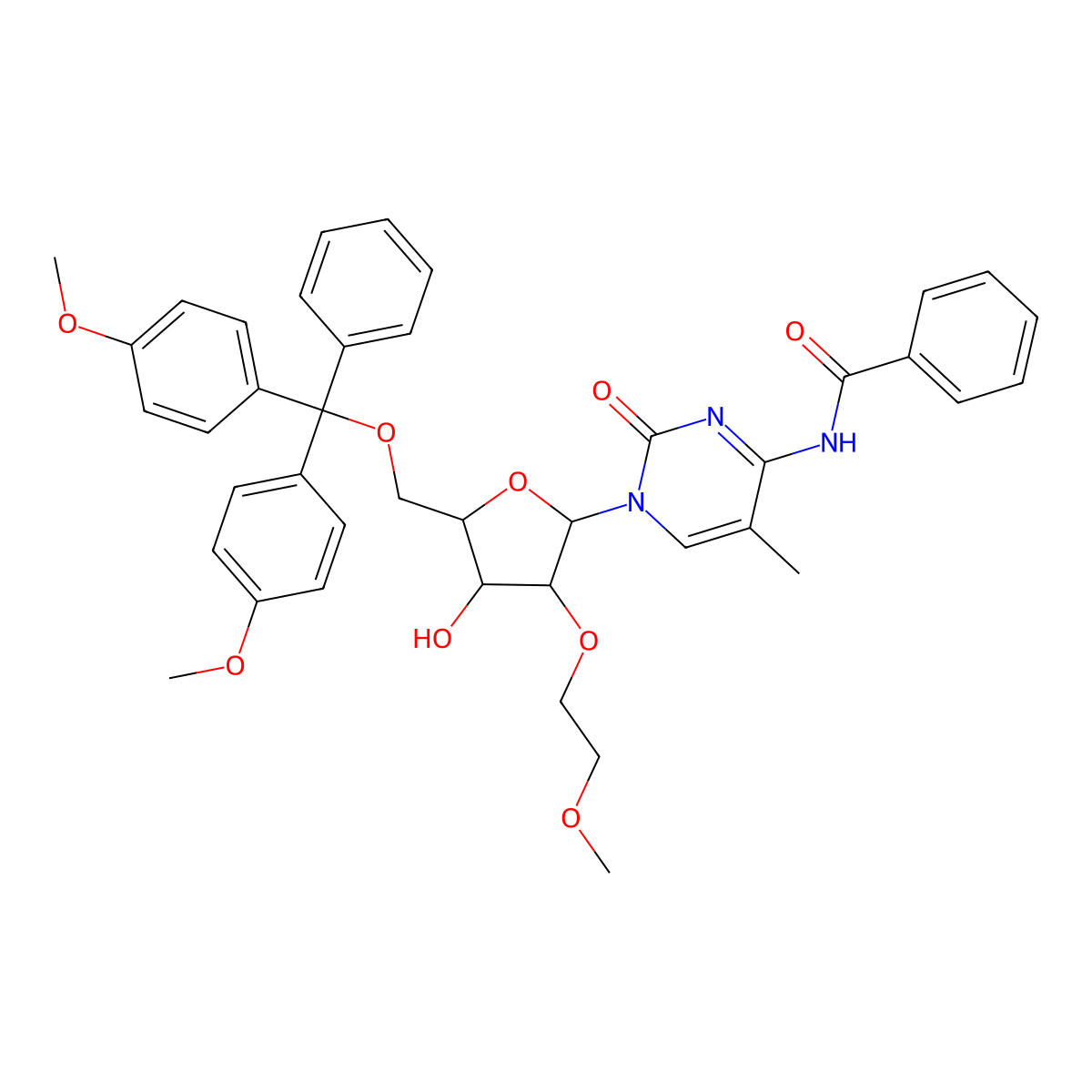 N-(1-((2R,3R,4R,5R)-5-((Bis(4-methoxyphenyl)(phenyl)methoxy)methyl)-4-hydroxy-3-(2-methoxyethoxy)tetrahydrofuran-2-yl)-5-methyl-2-oxo-1,2-dihydropyrimidin-4-yl)benzamide molecular structure, CAS 182496-01-1