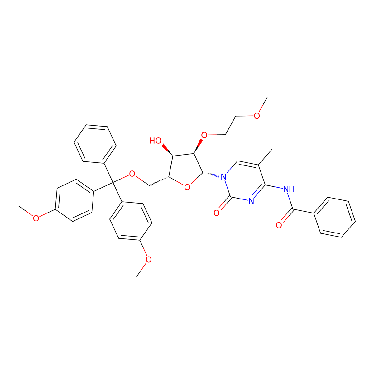 N-(1-((2R,3R,4R,5R)-5-((Bis(4-methoxyphenyl)(phenyl)methoxy)methyl)-4-hydroxy-3-(2-methoxyethoxy)tetrahydrofuran-2-yl)-5-methyl-2-oxo-1,2-dihydropyrimidin-4-yl)benzamide molecular structure, CAS 182496-01-1