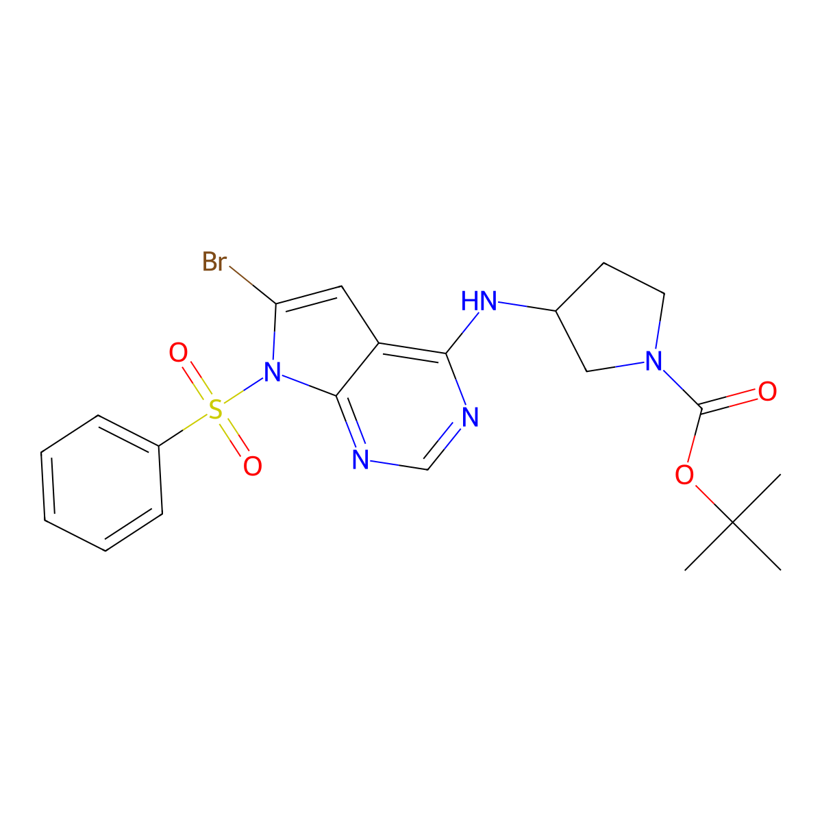 tert-butyl (3R)-3-[[7-(benzenesulfonyl)-6-bromopyrrolo[2,3-d]pyrimidin-4-yl]amino]pyrrolidine-1-carboxylate molecular structure, CAS 1825989-26-1
