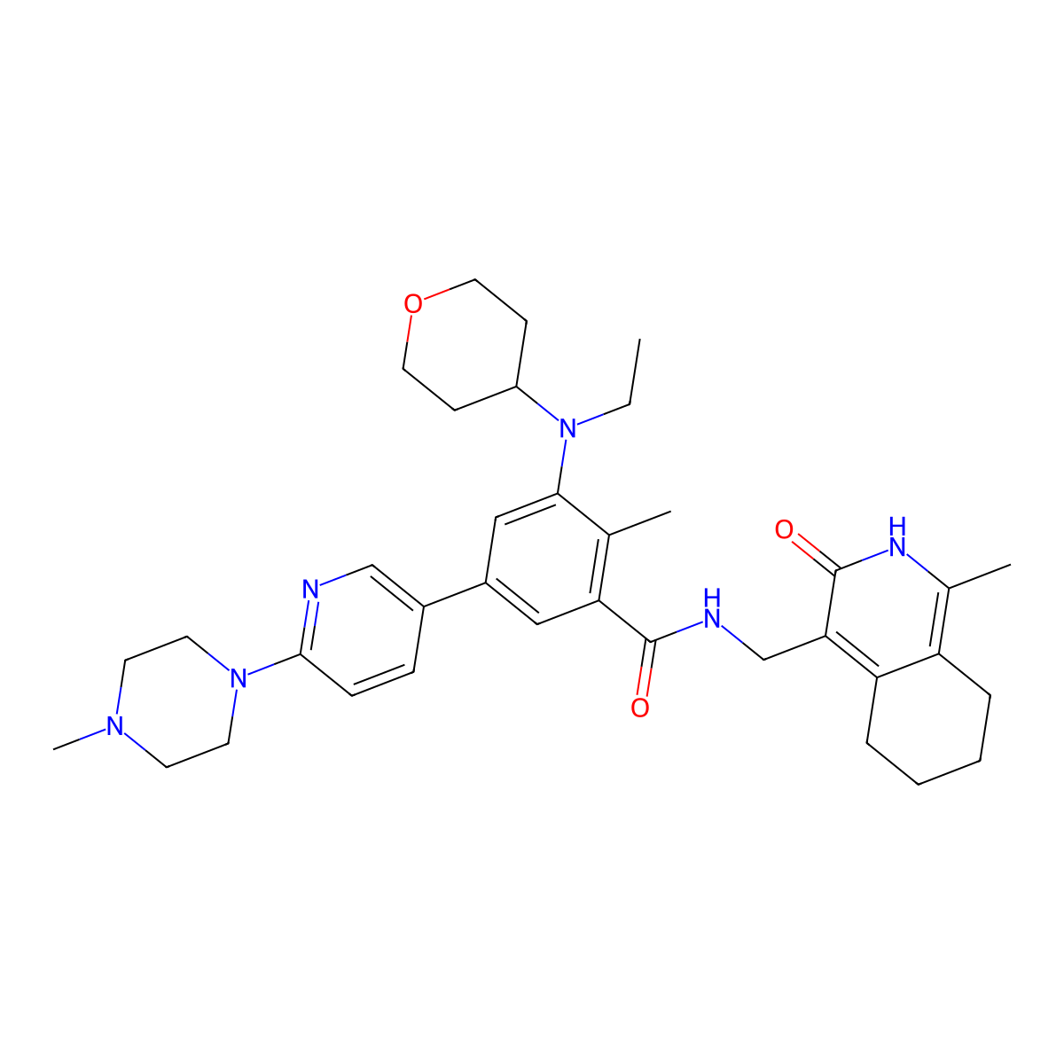3-[Ethyl(tetrahydro-2H-pyran-4-yl)amino]-N-[(2,3,5,6,7,8-hexahydro-1-methyl-3-oxo-4-isoquinolinyl)methyl]-2-methyl-5-[6-(4-methyl-1-piperazinyl)-3-pyridinyl]-benzamide molecular structure, CAS 1826865-46-6