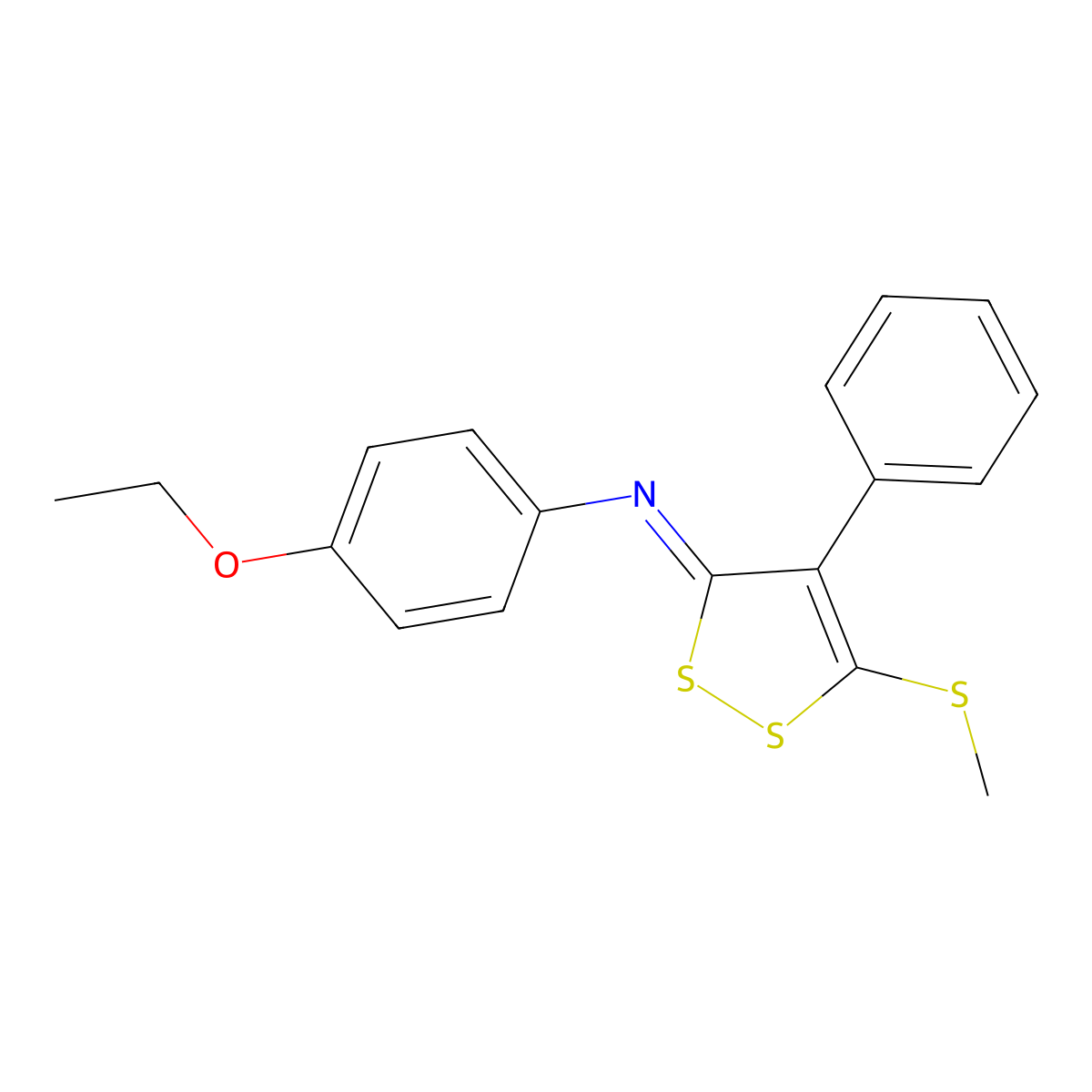 (4-Ethoxyphenyl)((3Z)-5-(methylthio)-4-phenyl-3H-1,2-dithiol-3-ylidene)amine molecular structure, CAS 18274-76-5