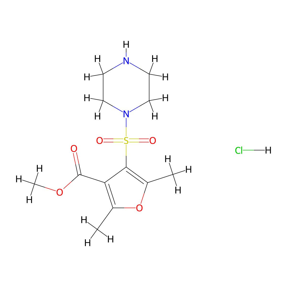 Methyl 2,5-dimethyl-4-(piperazine-1-sulfonyl)furan-3-carboxylate hydrochloride molecular structure, CAS 1827979-42-9