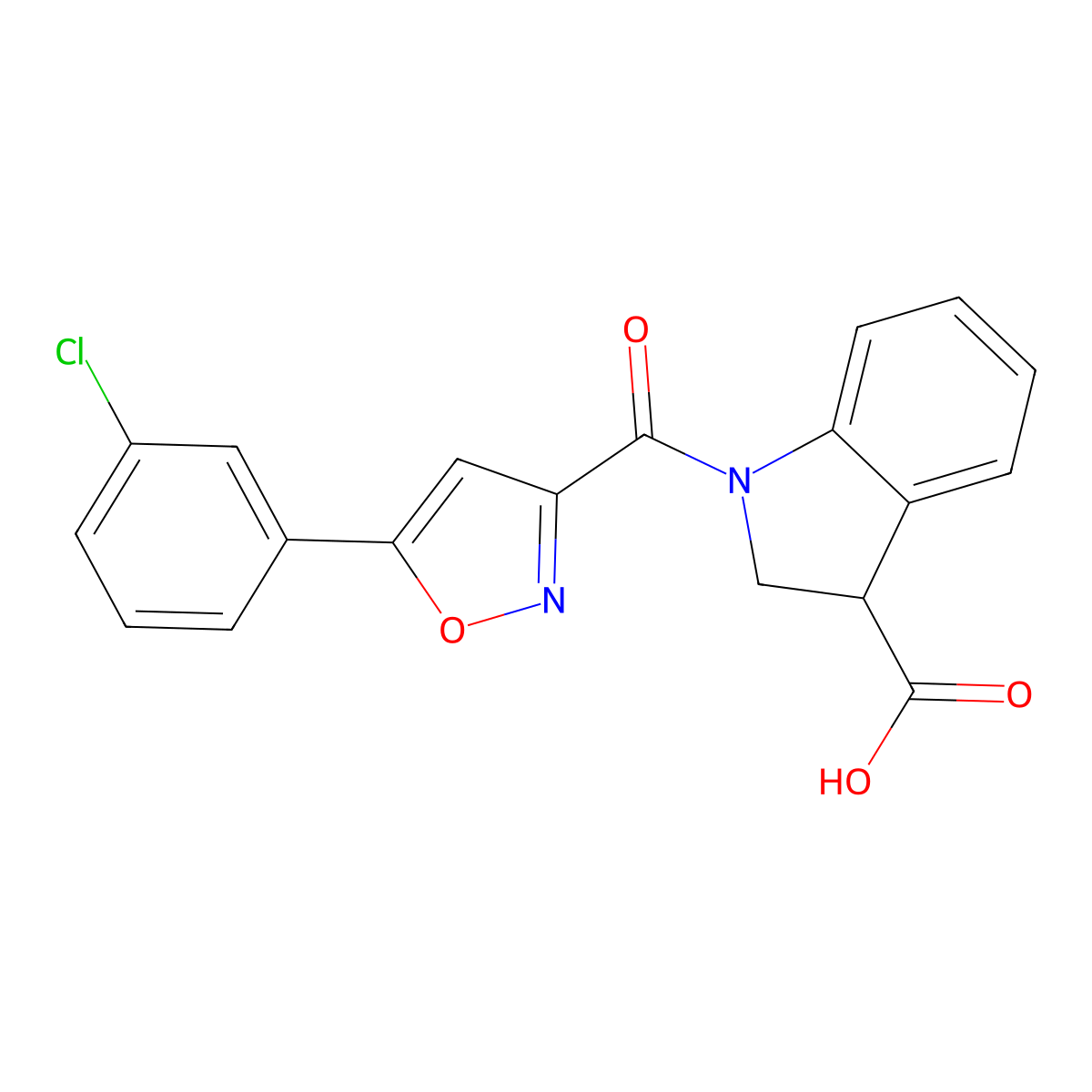 1-[5-(3-chlorophenyl)-1,2-oxazole-3-carbonyl]-2,3-dihydro-1H-indole-3-carboxylic acid molecular structure, CAS 1829457-94-4