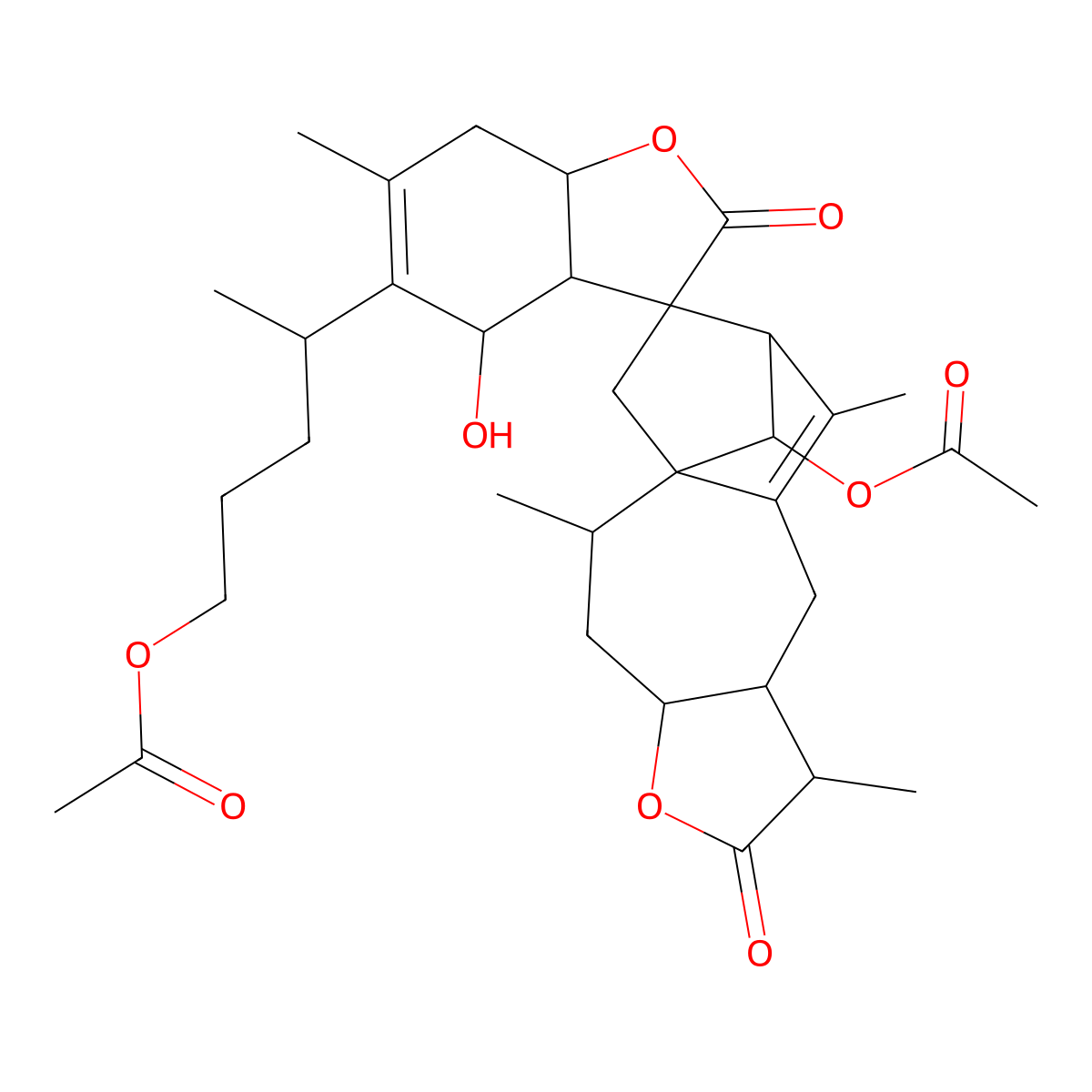 4-(15'-Acetyloxy-4-hydroxy-2',6,7',11'-tetramethyl-2,6'-dioxospiro[3a,4,7,7a-tetrahydro-1-benzofuran-3,13'-5-oxatetracyclo[10.2.1.01,10.04,8]pentadec-10-ene]-5-yl)pentyl acetate molecular structure, CAS 1829580-18-8
