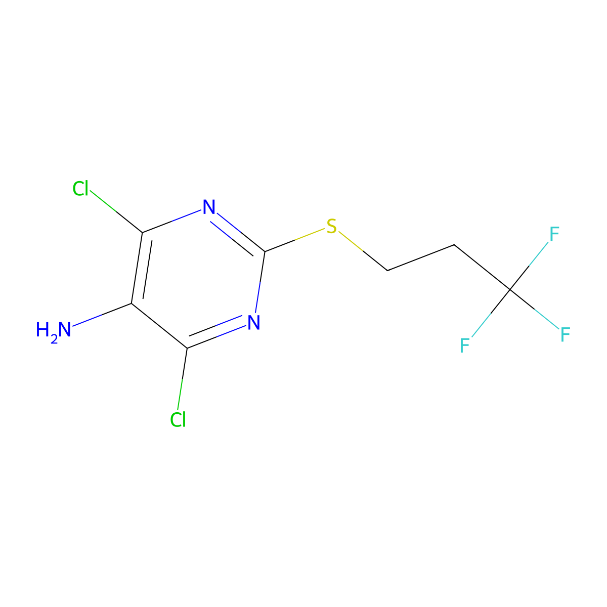 4,6-Dichloro-2-((3,3,3-trifluoropropyl)thio)pyrimidin-5-amine molecular structure, CAS 1830294-22-8
