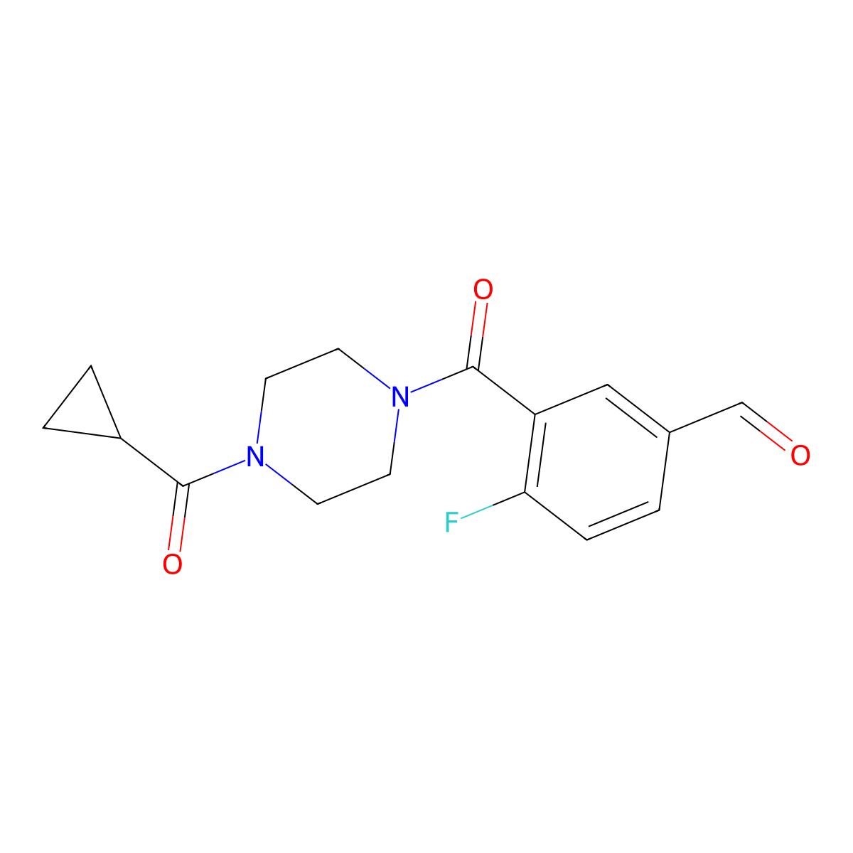 3-(4-(Cyclopropanecarbonyl)piperazine-1-carbonyl)-4-fluorobenzaldehyde molecular structure, CAS 1830366-23-8