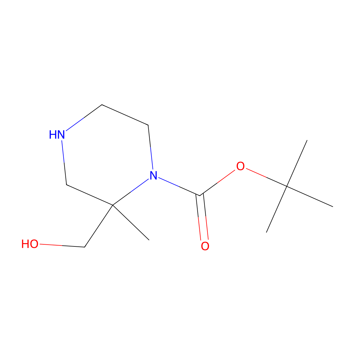 Tert-butyl 2-(hydroxymethyl)-2-methylpiperazine-1-carboxylate molecular structure, CAS 1830376-25-4